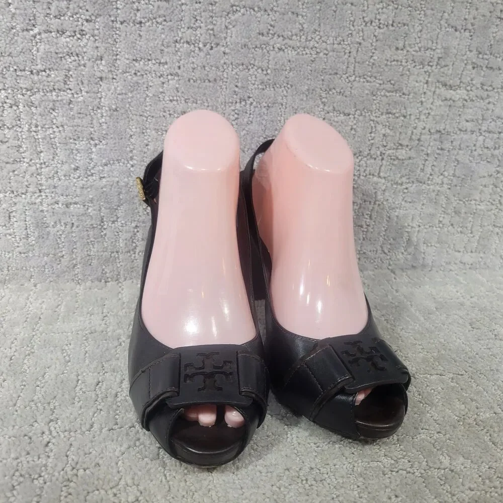 Tory Burch Tennyson Women's Size US 9.5 M Black Leather Slingback Heels Sandals.